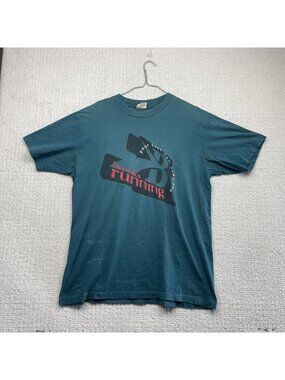 Vintage BROOKS Running Graphic Print T-Shirt Men’s Size L Blue Single Stitched